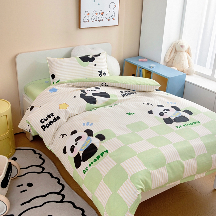 91家纺网 家纺一手货源 找家纺 2025年新款幼儿园全棉被子三件套宝宝入园纯棉六件套被褥午睡被套格子熊猫