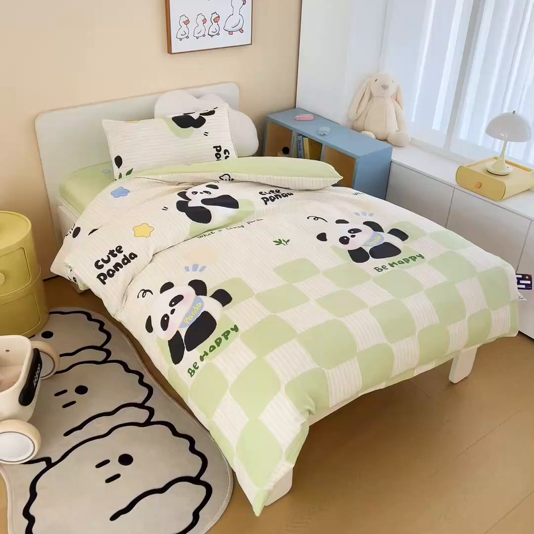 91家纺网 家纺一手货源 找家纺 2025年新款幼儿园全棉被子三件套宝宝入园纯棉六件套被褥午睡被套格子熊猫