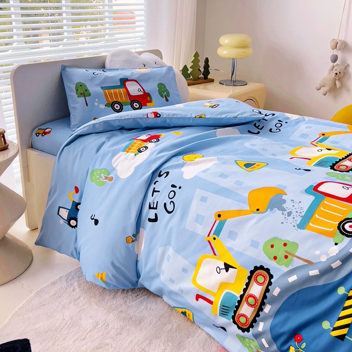 91家纺网 家纺一手货源 找家纺 2025年新款幼儿园全棉被子三件套宝宝入园纯棉六件套被褥午睡被套工程挖土机