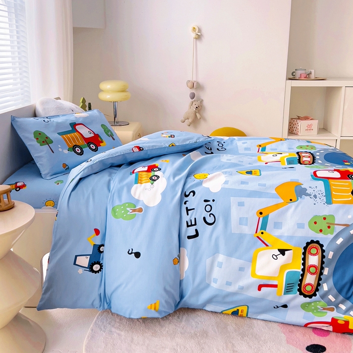 91家纺网 家纺一手货源 找家纺 2025年新款幼儿园全棉被子三件套宝宝入园纯棉六件套被褥午睡被套工程挖土机