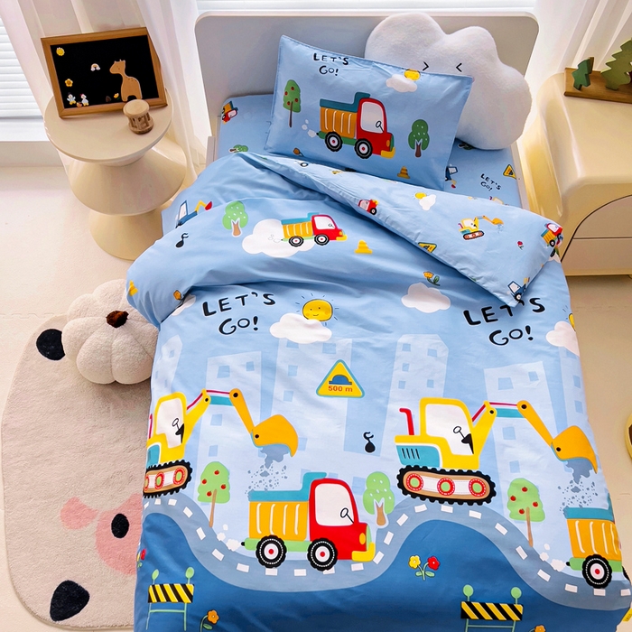 91家纺网 家纺一手货源 找家纺 2025年新款幼儿园全棉被子三件套宝宝入园纯棉六件套被褥午睡被套工程挖土机