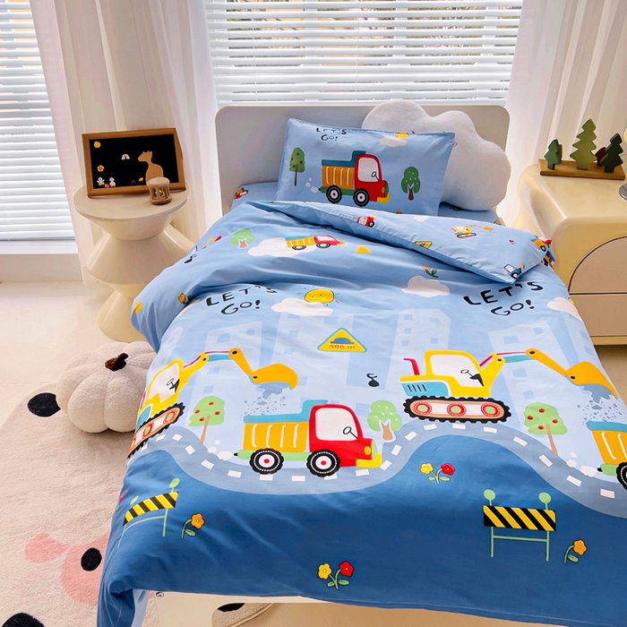 91家纺网 家纺一手货源 找家纺 2025年新款幼儿园全棉被子三件套宝宝入园纯棉六件套被褥午睡被套工程挖土机