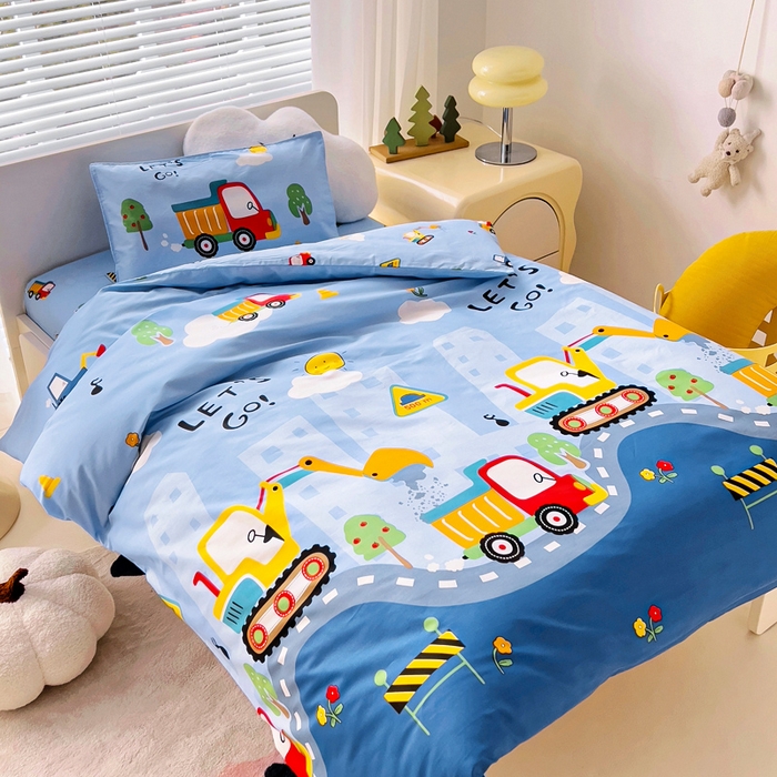 91家纺网 家纺一手货源 找家纺 2025年新款幼儿园全棉被子三件套宝宝入园纯棉六件套被褥午睡被套工程挖土机