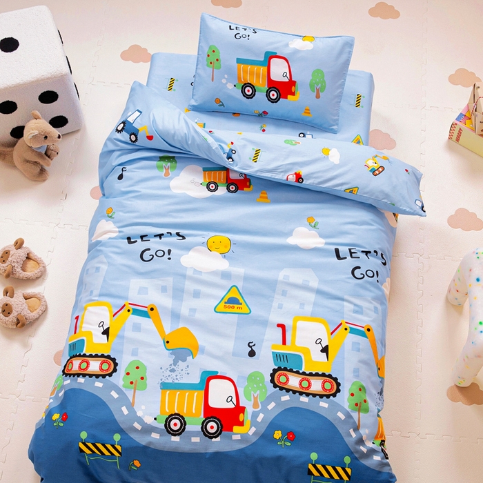 91家纺网 家纺一手货源 找家纺 2025年新款幼儿园全棉被子三件套宝宝入园纯棉六件套被褥午睡被套工程挖土机