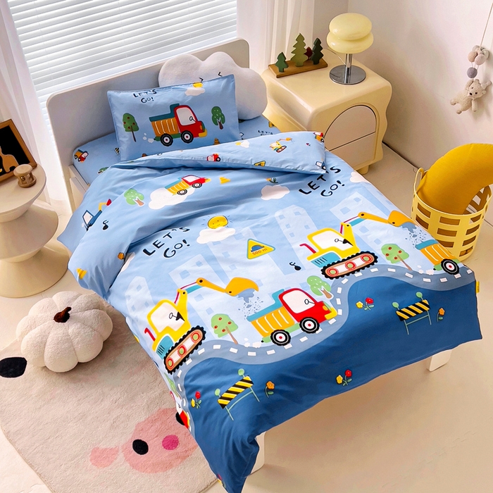 91家纺网 家纺一手货源 找家纺 2025年新款幼儿园全棉被子三件套宝宝入园纯棉六件套被褥午睡被套工程挖土机