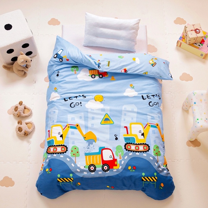 91家纺网 家纺一手货源 找家纺 2025年新款幼儿园全棉被子三件套宝宝入园纯棉六件套被褥午睡被套工程挖土机