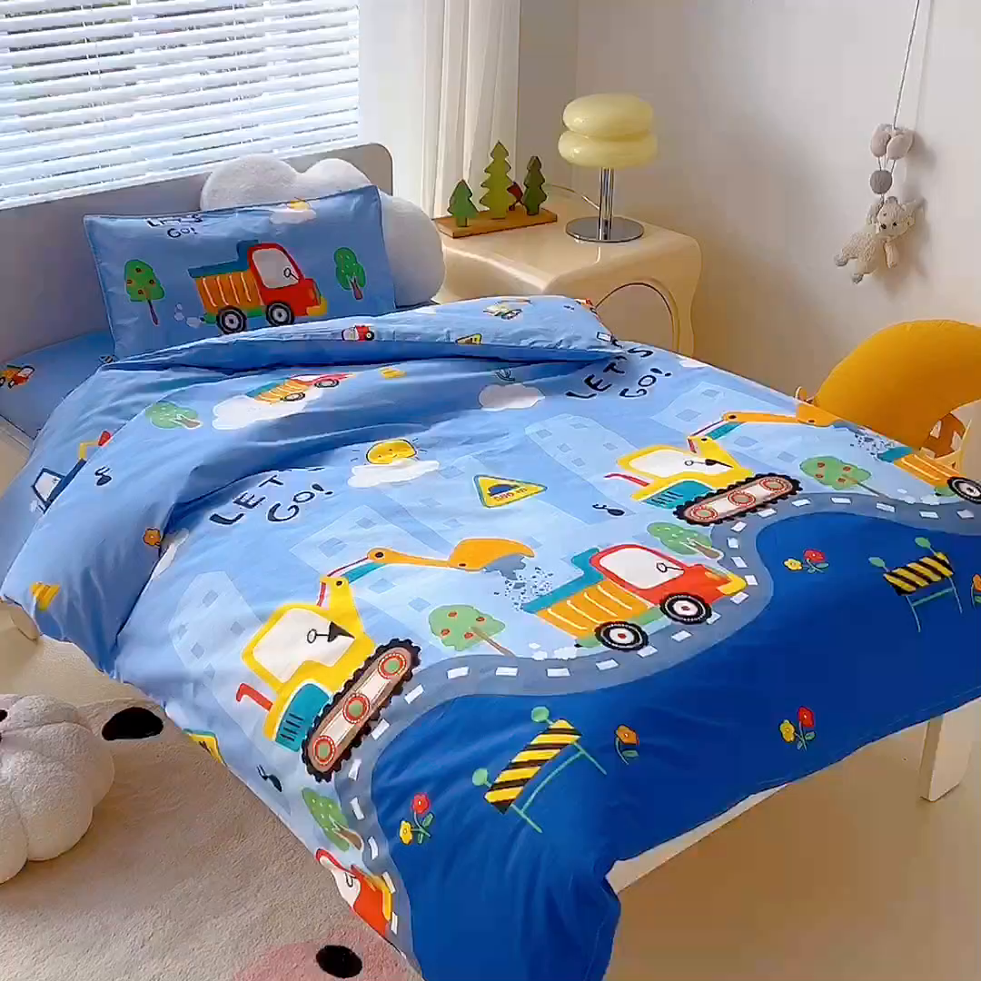 91家纺网 家纺一手货源 找家纺 2025年新款幼儿园全棉被子三件套宝宝入园纯棉六件套被褥午睡被套工程挖土机