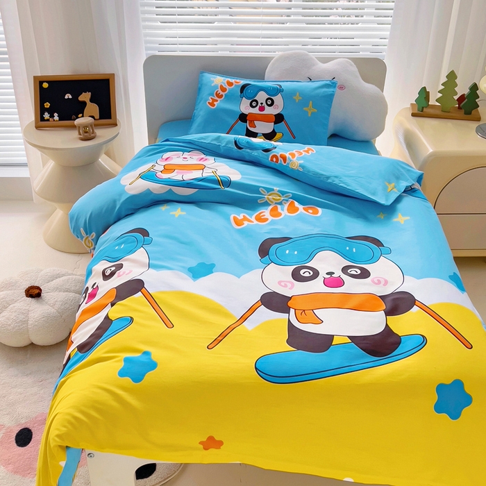 91家纺网 家纺一手货源 找家纺 2025年新款幼儿园全棉被子三件套宝宝入园纯棉六件套被褥午睡被套滑板熊猫