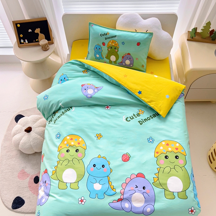 91家纺网 家纺一手货源 找家纺 2025年新款幼儿园全棉被子三件套宝宝入园纯棉六件套被褥午睡被套恐龙宝贝