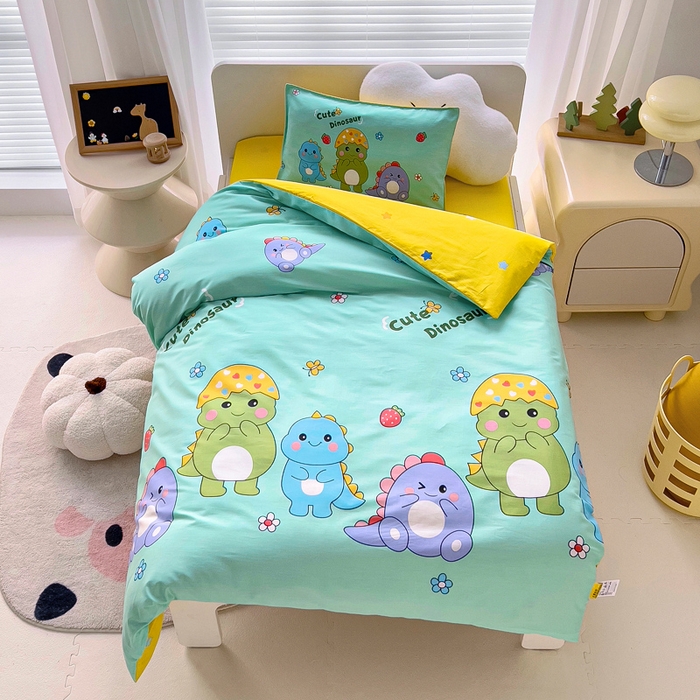 91家纺网 家纺一手货源 找家纺 2025年新款幼儿园全棉被子三件套宝宝入园纯棉六件套被褥午睡被套恐龙宝贝