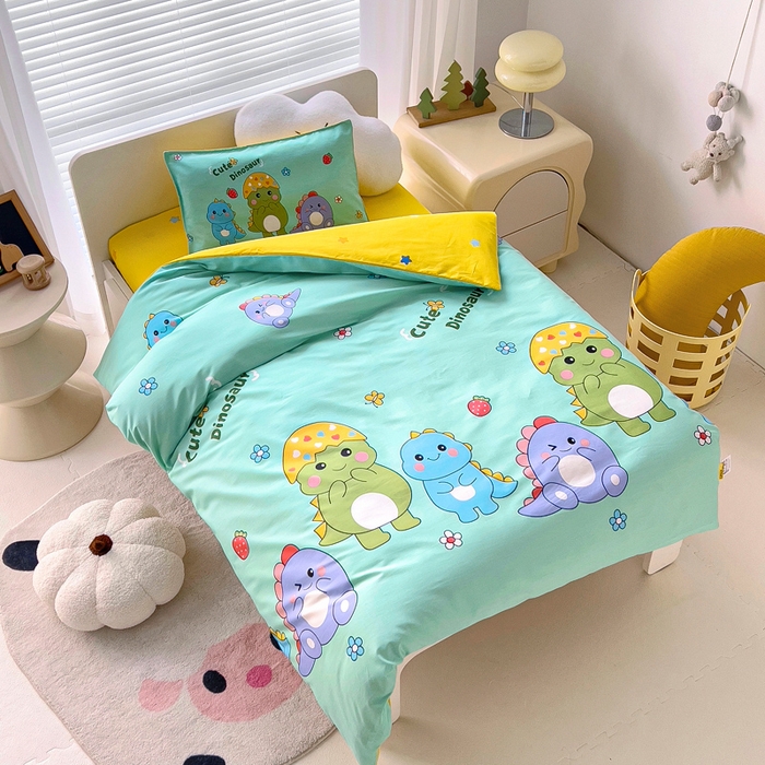 91家纺网 家纺一手货源 找家纺 2025年新款幼儿园全棉被子三件套宝宝入园纯棉六件套被褥午睡被套恐龙宝贝
