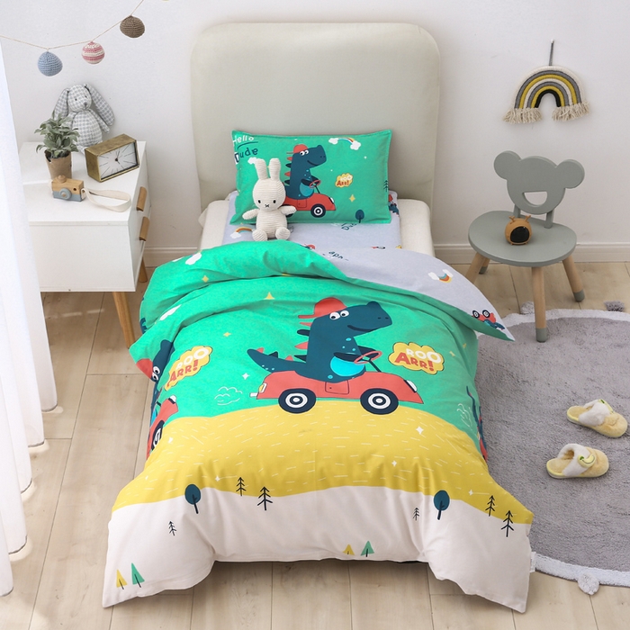 91家纺网 家纺一手货源 找家纺 2025年新款幼儿园全棉被子三件套宝宝入园纯棉六件套被褥午睡被套恐龙开车