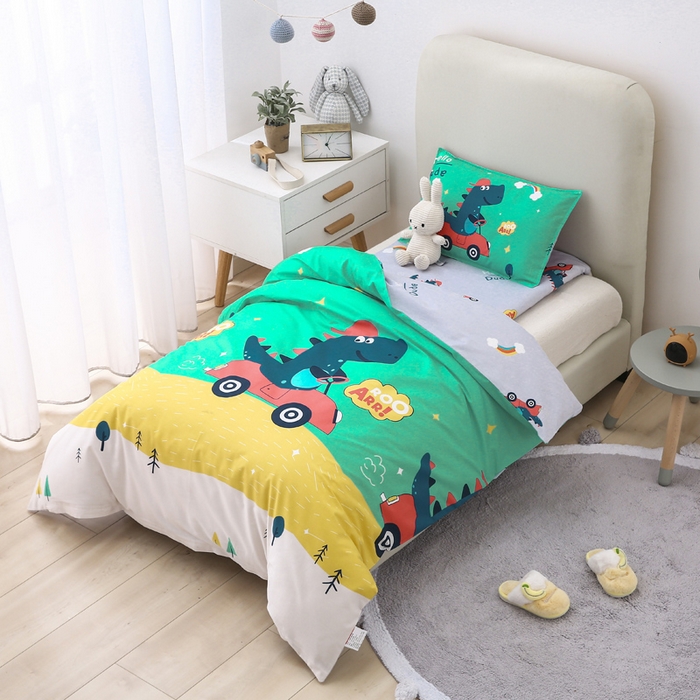 91家纺网 家纺一手货源 找家纺 2025年新款幼儿园全棉被子三件套宝宝入园纯棉六件套被褥午睡被套恐龙开车