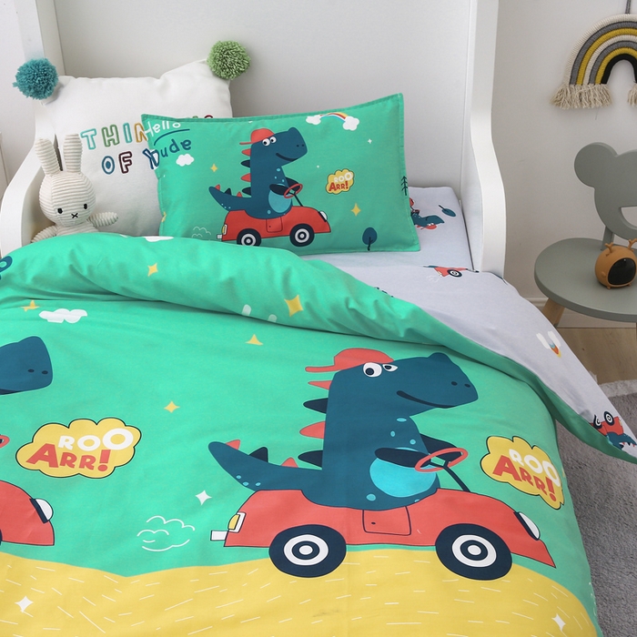 91家纺网 家纺一手货源 找家纺 2025年新款幼儿园全棉被子三件套宝宝入园纯棉六件套被褥午睡被套恐龙开车