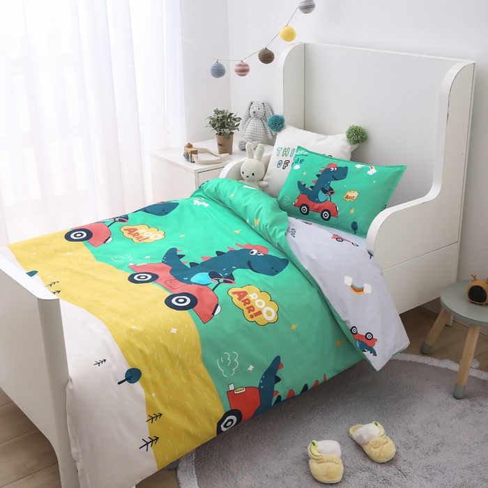 91家纺网 家纺一手货源 找家纺 2025年新款幼儿园全棉被子三件套宝宝入园纯棉六件套被褥午睡被套恐龙开车