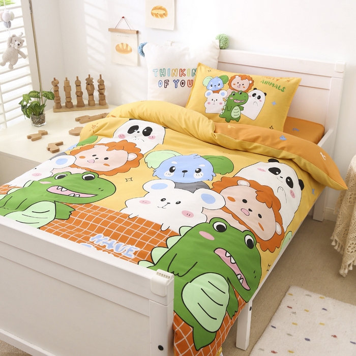 91家纺网 家纺一手货源 找家纺 2025年新款幼儿园全棉被子三件套宝宝入园纯棉六件套被褥午睡被套恐龙派对-黄