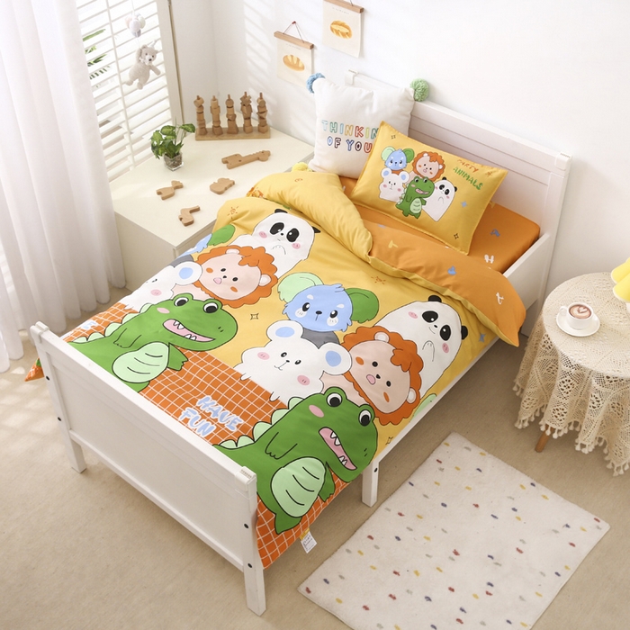 91家纺网 家纺一手货源 找家纺 2025年新款幼儿园全棉被子三件套宝宝入园纯棉六件套被褥午睡被套恐龙派对-黄