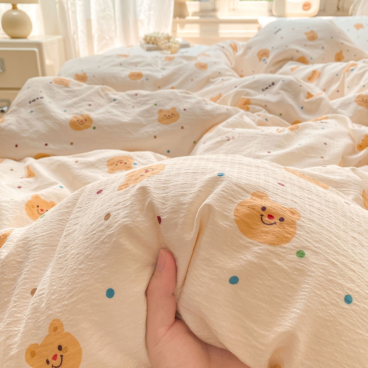 眠势力 2025新款云感双层纱四件套床单款床笠款ins奶油风云感超柔 波点小熊