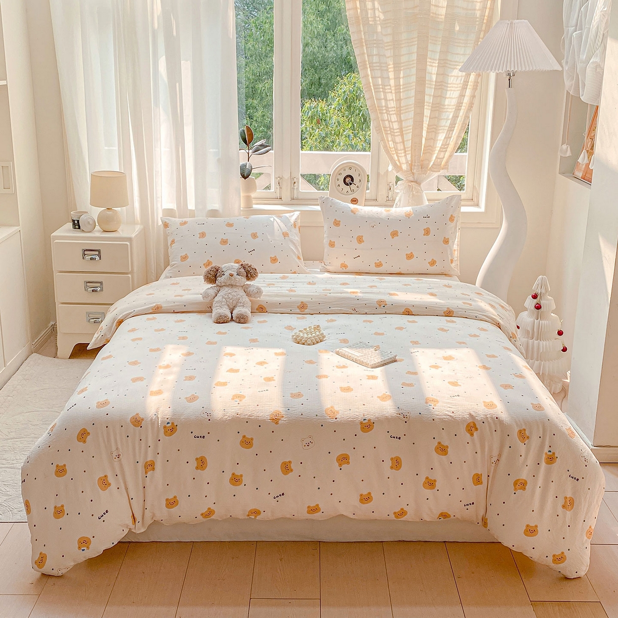 91家纺网 家纺一手货源 找家纺 眠势力 2025新款云感双层纱四件套床单款床笠款ins奶油风云感超柔 波点小熊