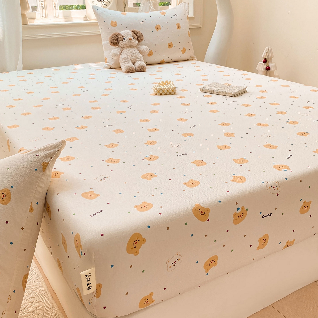 91家纺网 家纺一手货源 找家纺 眠势力 2025新款云感双层纱四件套床单款床笠款ins奶油风云感超柔 波点小熊