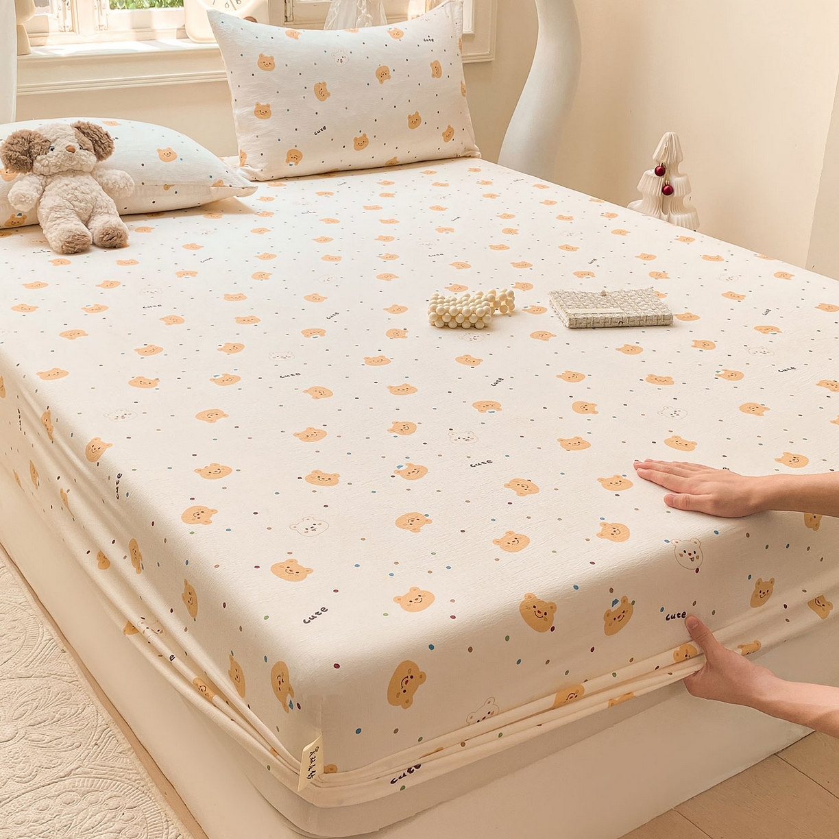 91家纺网 家纺一手货源 找家纺 眠势力 2025新款云感双层纱四件套床单款床笠款ins奶油风云感超柔 波点小熊