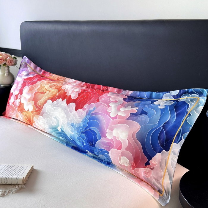 91家纺网 家纺一手货源 找家纺 云玲时尚 2025新款凉感高密冰丝印花枕套单品枕套枕套单件双人枕+内芯 幻彩