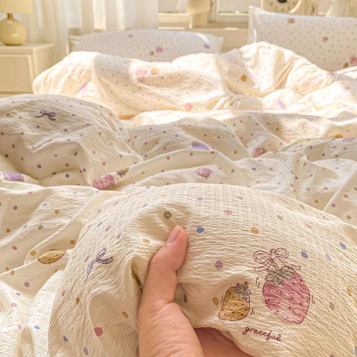 眠势力 2025新款云感双层纱四件套床单款床笠款ins奶油风云感超柔 点点草莓