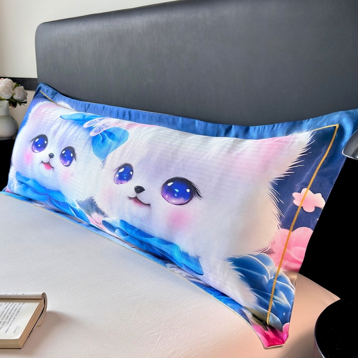 91家纺网 家纺一手货源 找家纺 云玲时尚 2025新款凉感高密冰丝印花枕套单品枕套枕套单件双人枕+内芯 灵动咪-蓝