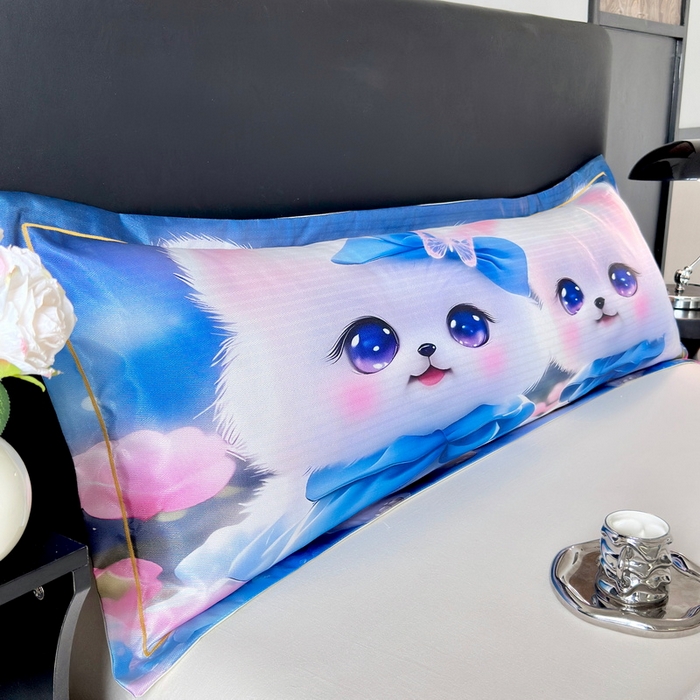 91家纺网 家纺一手货源 找家纺 云玲时尚 2025新款凉感高密冰丝印花枕套单品枕套枕套单件双人枕+内芯 灵动咪-蓝