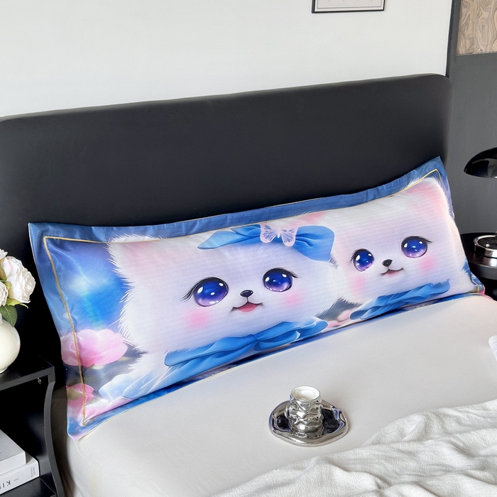 91家纺网 家纺一手货源 找家纺 云玲时尚 2025新款凉感高密冰丝印花枕套单品枕套枕套单件双人枕+内芯 灵动咪-蓝