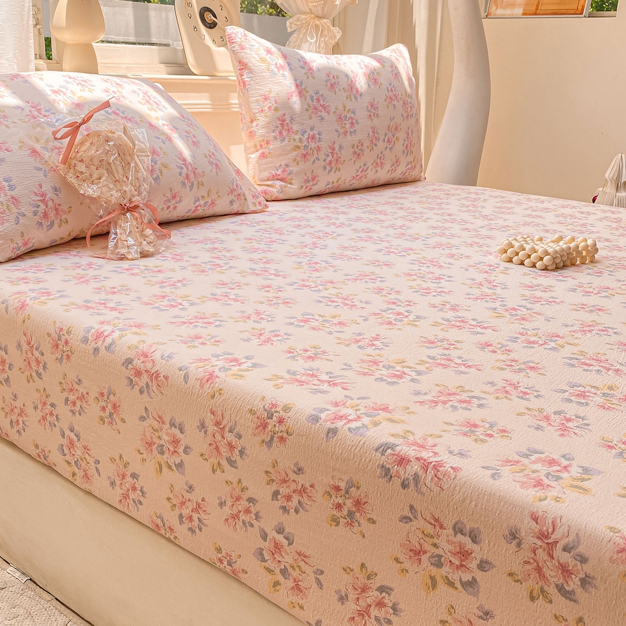 91家纺网 家纺一手货源 找家纺 眠势力 2025新款云感双层纱四件套床单款床笠款ins奶油风云感超柔 粉调花海