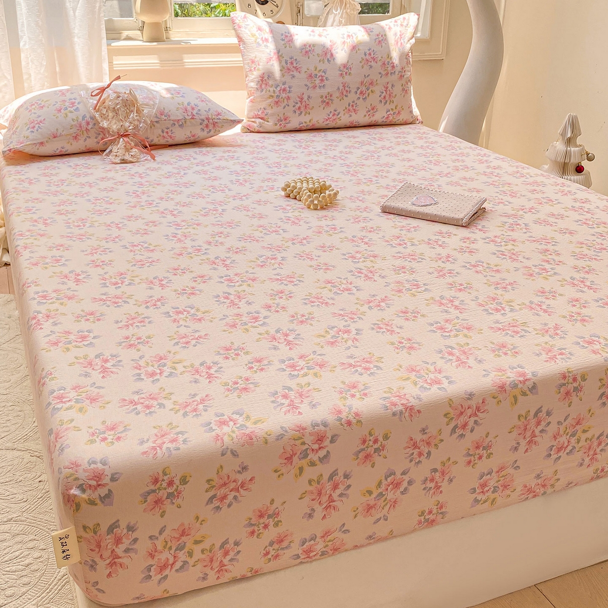 91家纺网 家纺一手货源 找家纺 眠势力 2025新款云感双层纱四件套床单款床笠款ins奶油风云感超柔 粉调花海