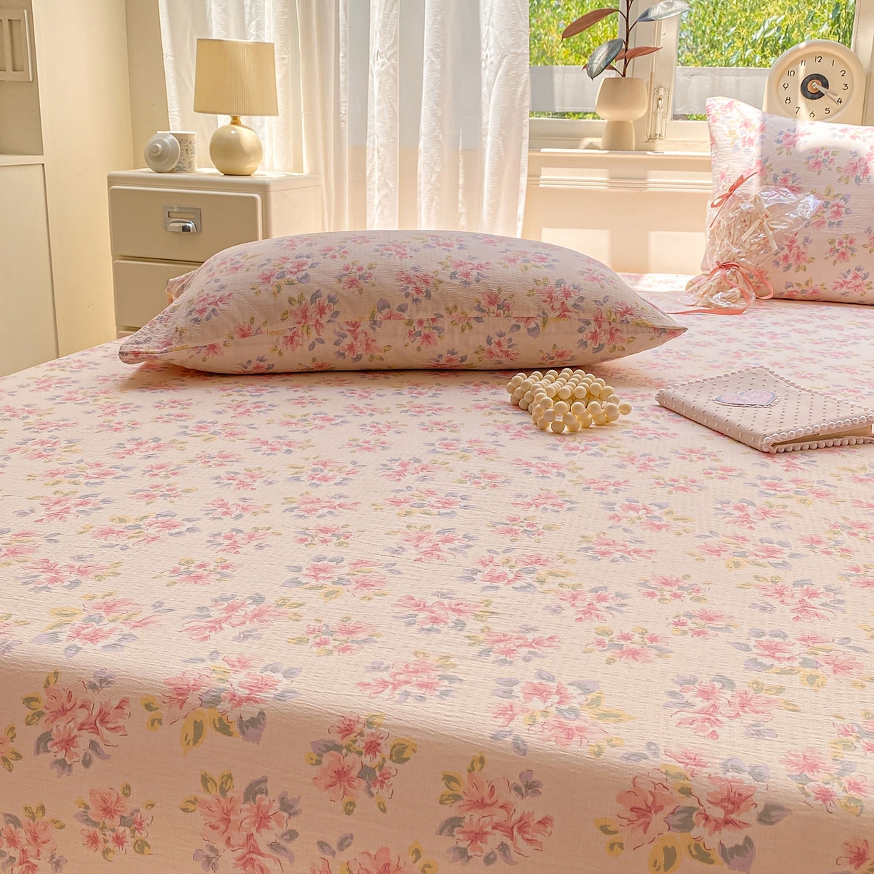 91家纺网 家纺一手货源 找家纺 眠势力 2025新款云感双层纱四件套床单款床笠款ins奶油风云感超柔 粉调花海