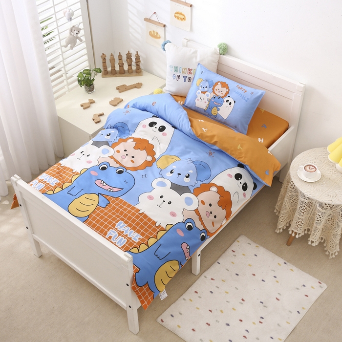 91家纺网 家纺一手货源 找家纺 2025年新款幼儿园全棉被子三件套宝宝入园纯棉六件套被褥午睡被套恐龙派对-蓝