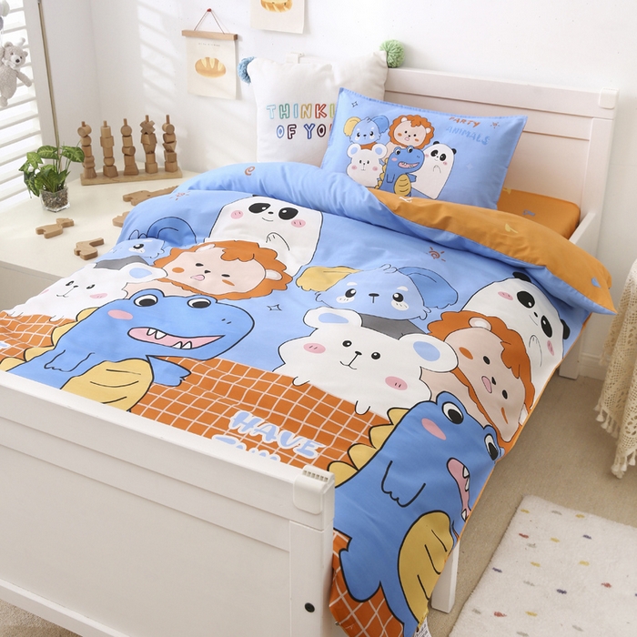 91家纺网 家纺一手货源 找家纺 2025年新款幼儿园全棉被子三件套宝宝入园纯棉六件套被褥午睡被套恐龙派对-蓝