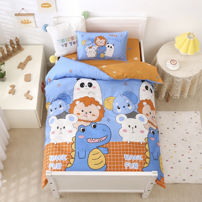 91家纺网 家纺一手货源 找家纺 2025年新款幼儿园全棉被子三件套宝宝入园纯棉六件套被褥午睡被套恐龙派对-蓝
