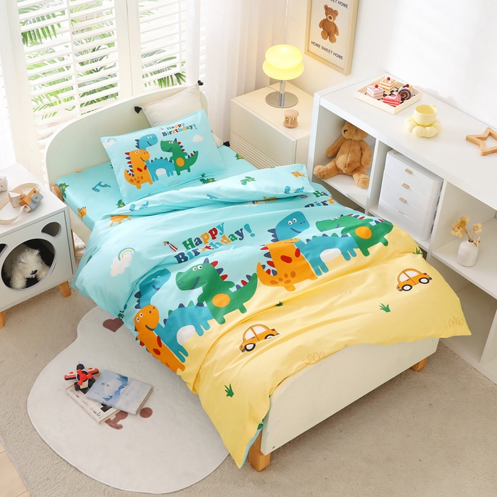 91家纺网 家纺一手货源 找家纺 2025年新款幼儿园全棉被子三件套宝宝入园纯棉六件套被褥午睡被套恐龙世界