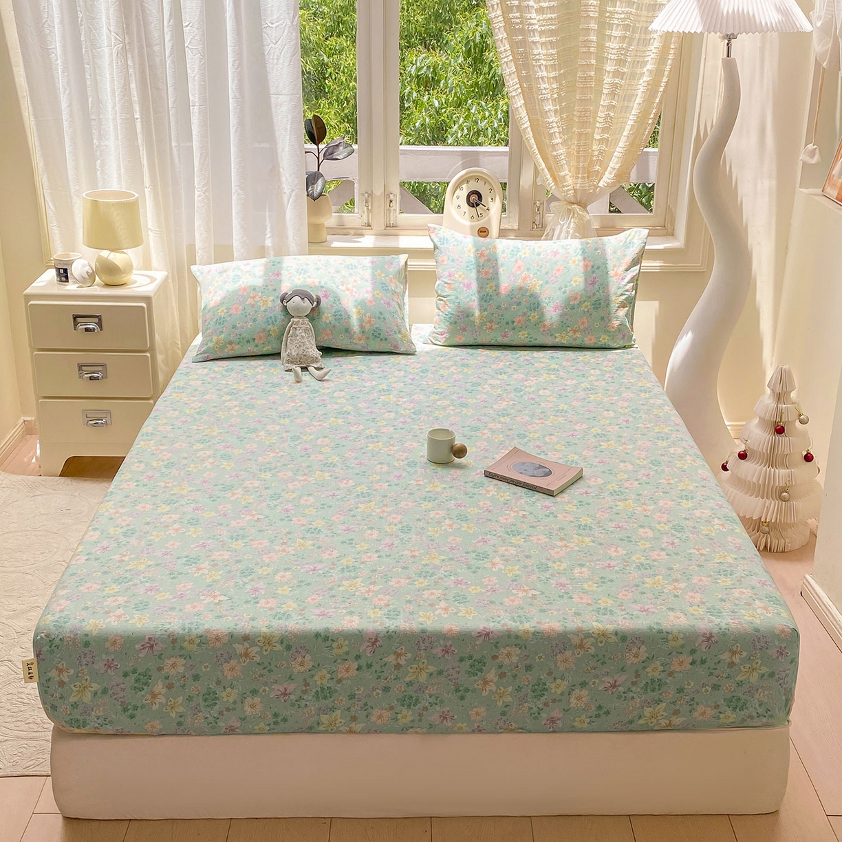 91家纺网 家纺一手货源 找家纺 眠势力 2025新款云感双层纱四件套床单款床笠款ins奶油风云感超柔 花开盛夏