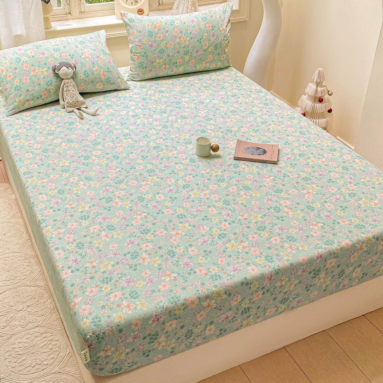 91家纺网 家纺一手货源 找家纺 眠势力 2025新款云感双层纱四件套床单款床笠款ins奶油风云感超柔 花开盛夏