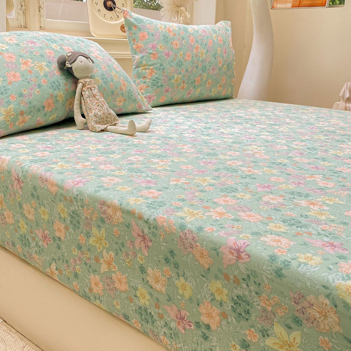 91家纺网 家纺一手货源 找家纺 眠势力 2025新款云感双层纱四件套床单款床笠款ins奶油风云感超柔 花开盛夏