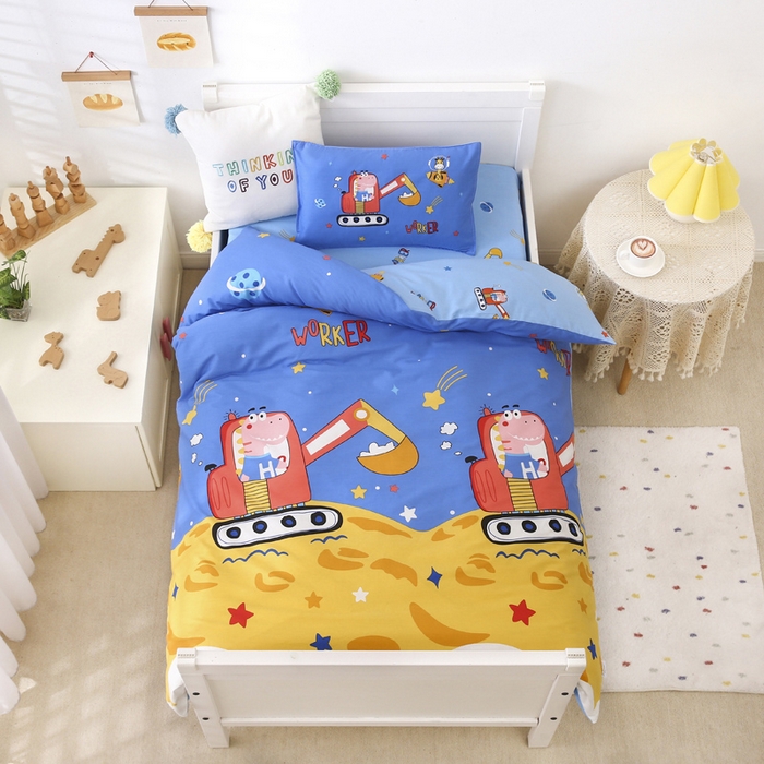 91家纺网 家纺一手货源 找家纺 2025年新款幼儿园全棉被子三件套宝宝入园纯棉六件套被褥午睡被套恐龙挖机