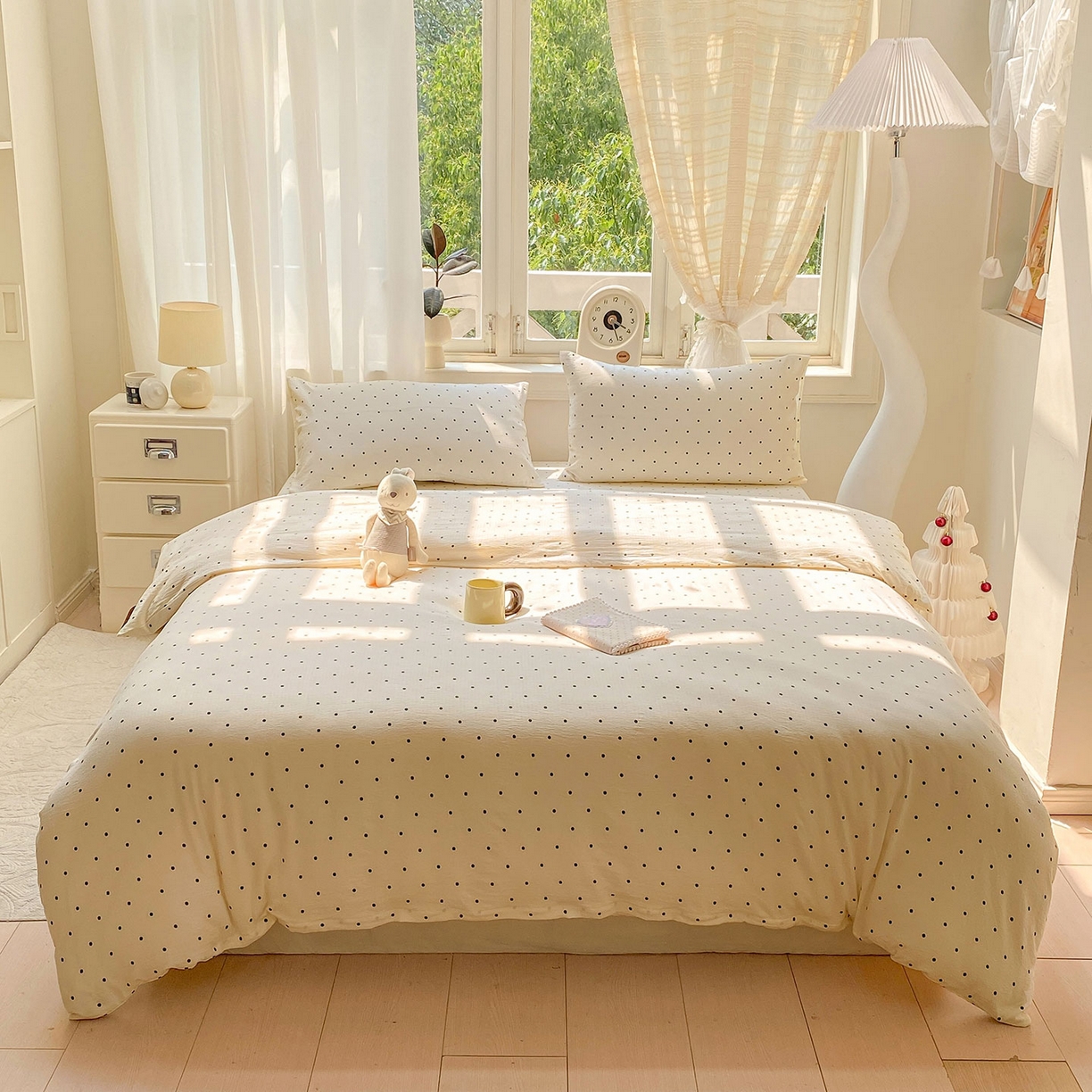 91家纺网 家纺一手货源 找家纺 眠势力 2025新款云感双层纱四件套床单款床笠款ins奶油风云感超柔 极简波点