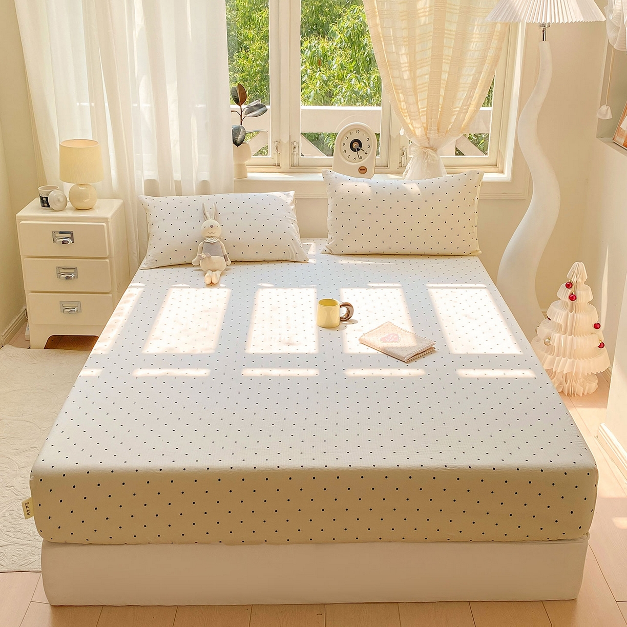 91家纺网 家纺一手货源 找家纺 眠势力 2025新款云感双层纱四件套床单款床笠款ins奶油风云感超柔 极简波点