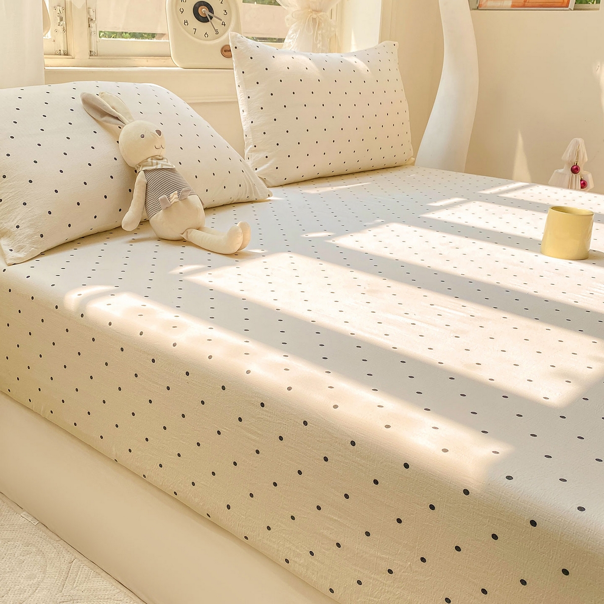 91家纺网 家纺一手货源 找家纺 眠势力 2025新款云感双层纱四件套床单款床笠款ins奶油风云感超柔 极简波点