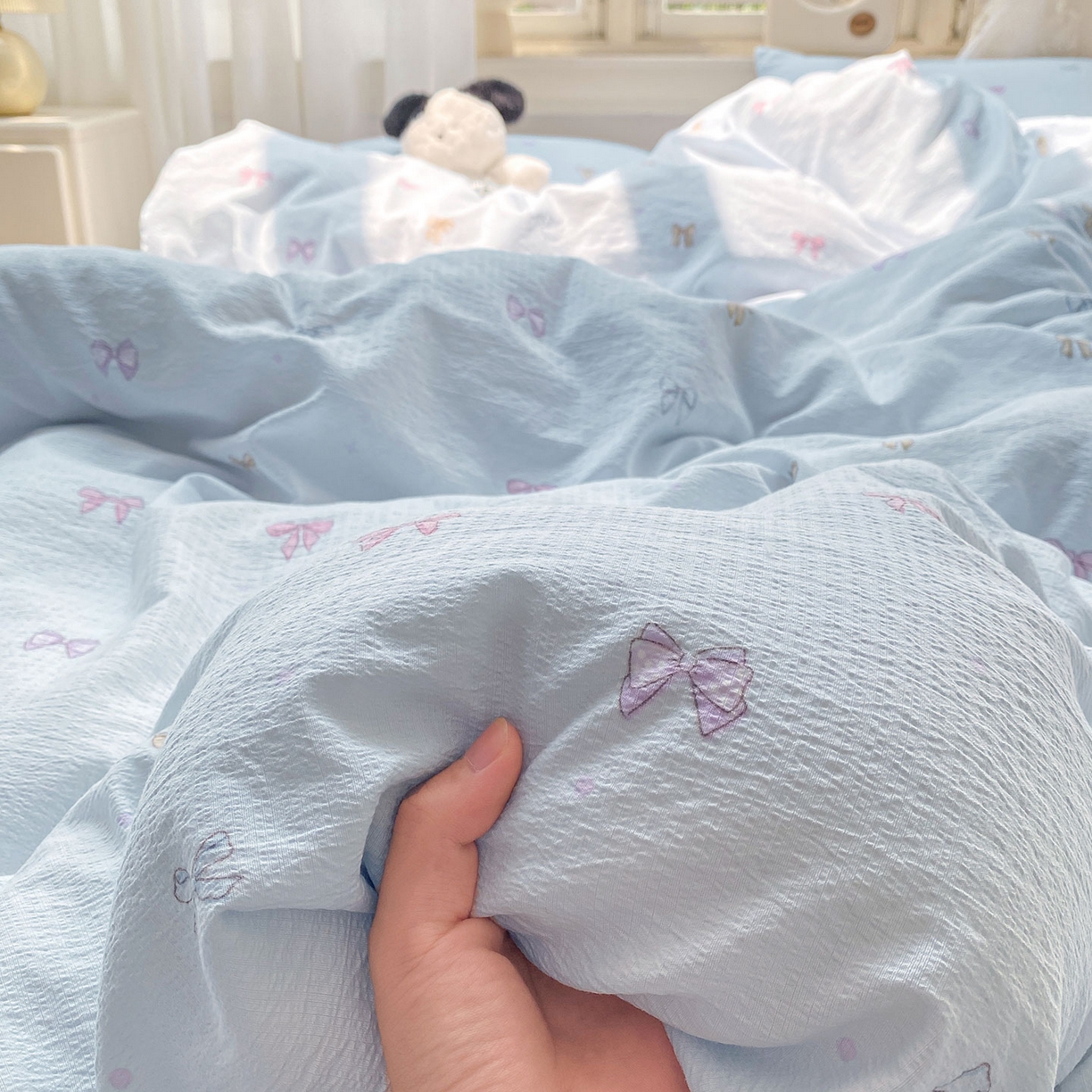 眠势力 2025新款云感双层纱四件套床单款床笠款ins奶油风云感超柔 蓝调蝴蝶结