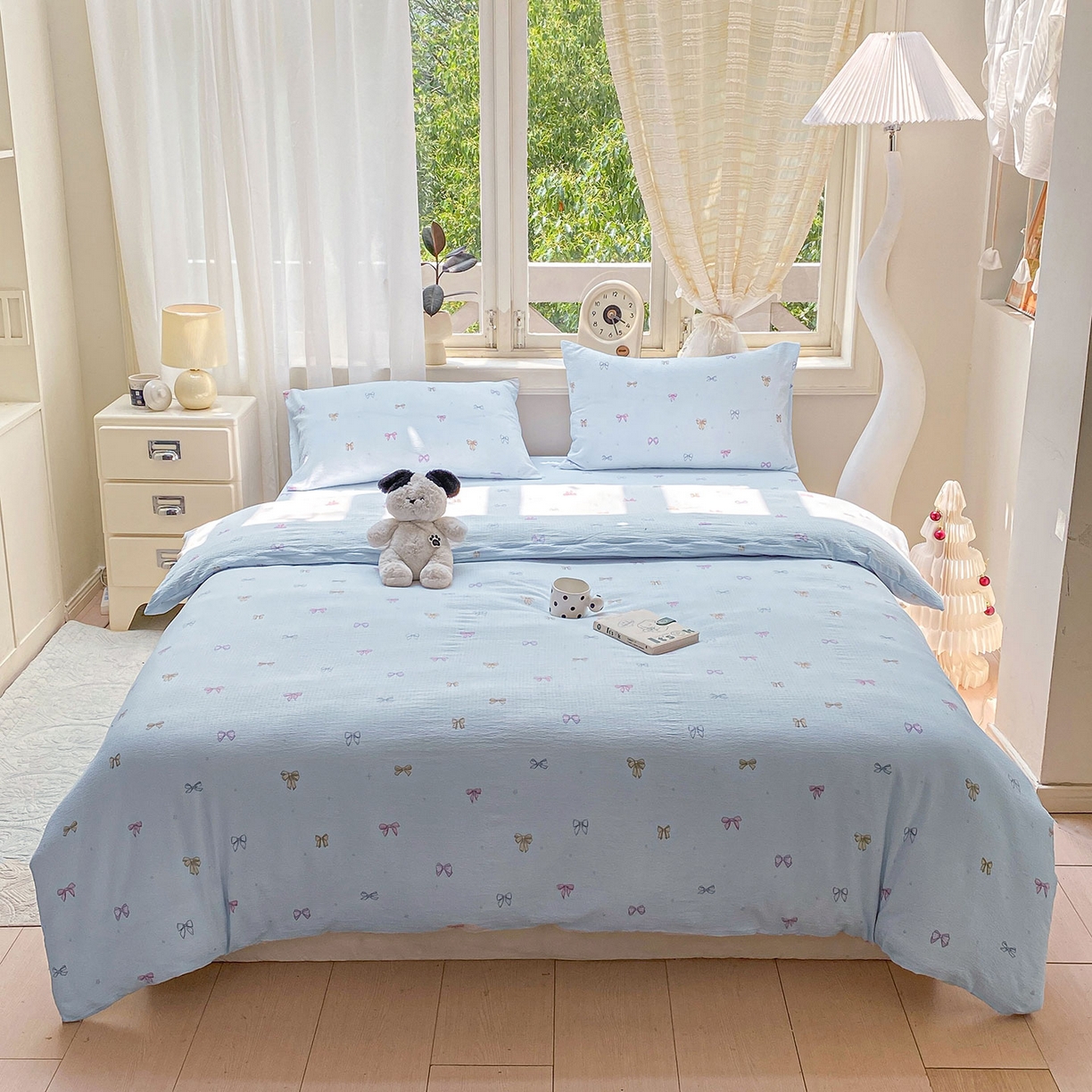 91家纺网 家纺一手货源 找家纺 眠势力 2025新款云感双层纱四件套床单款床笠款ins奶油风云感超柔 蓝调蝴蝶结