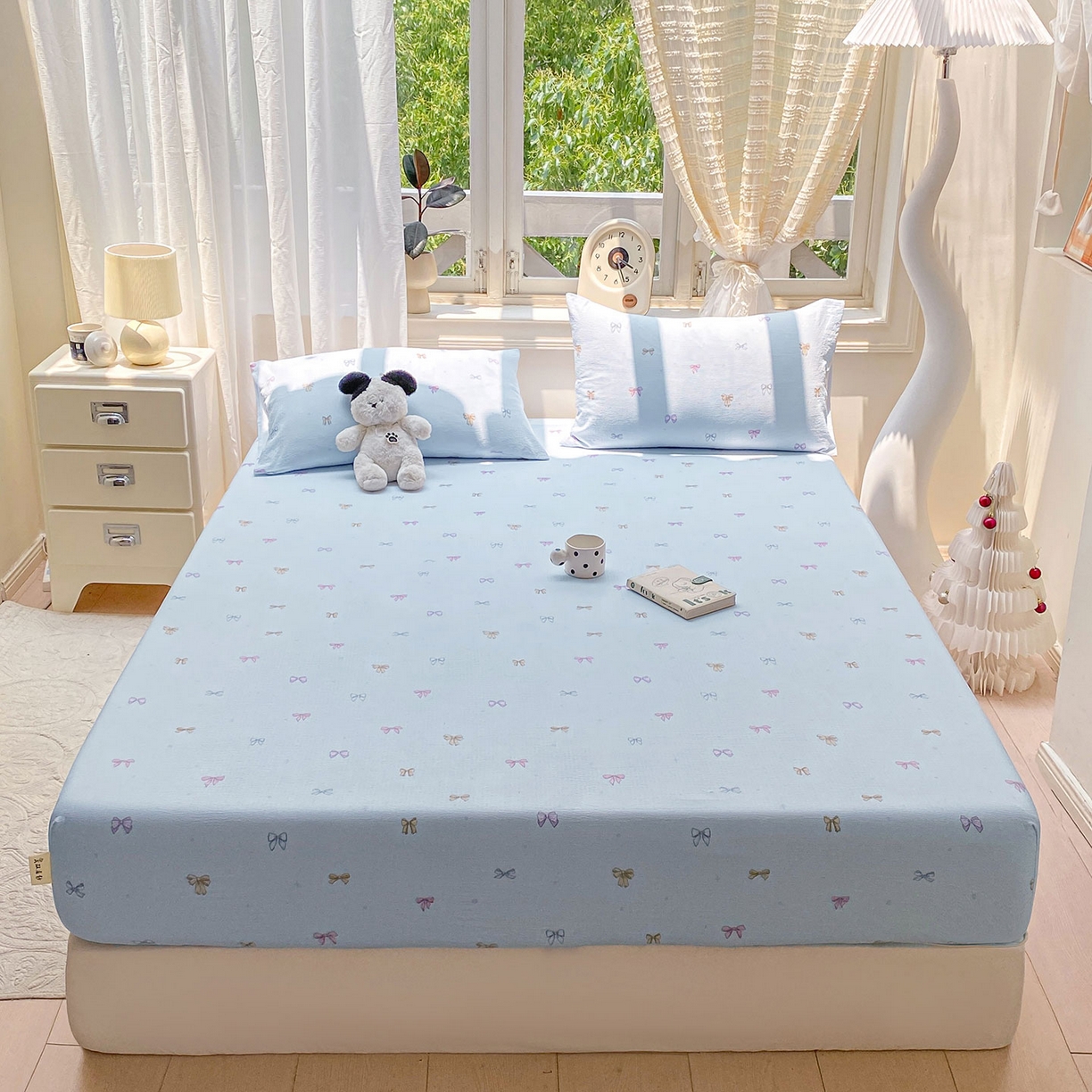 91家纺网 家纺一手货源 找家纺 眠势力 2025新款云感双层纱四件套床单款床笠款ins奶油风云感超柔 蓝调蝴蝶结