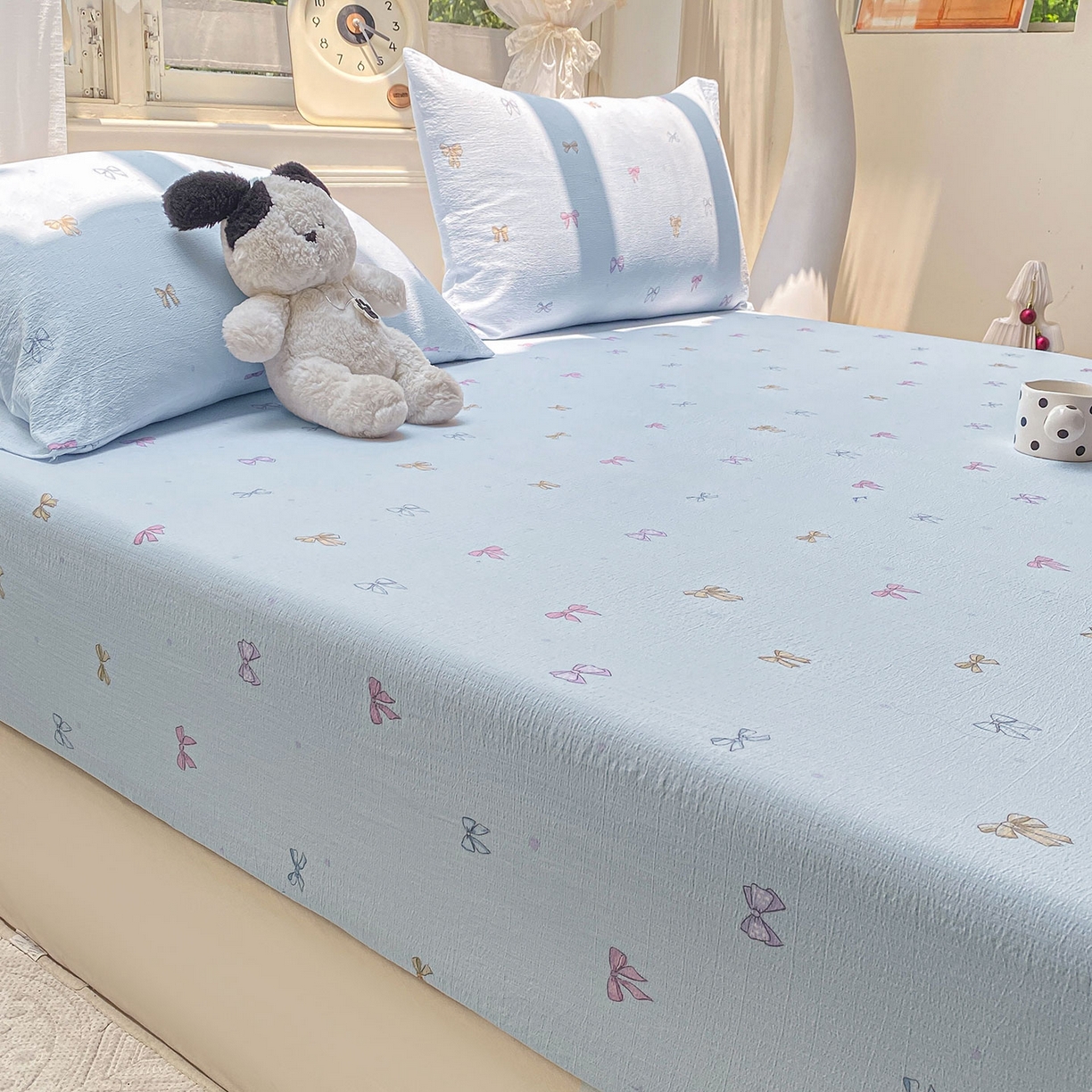 91家纺网 家纺一手货源 找家纺 眠势力 2025新款云感双层纱四件套床单款床笠款ins奶油风云感超柔 蓝调蝴蝶结