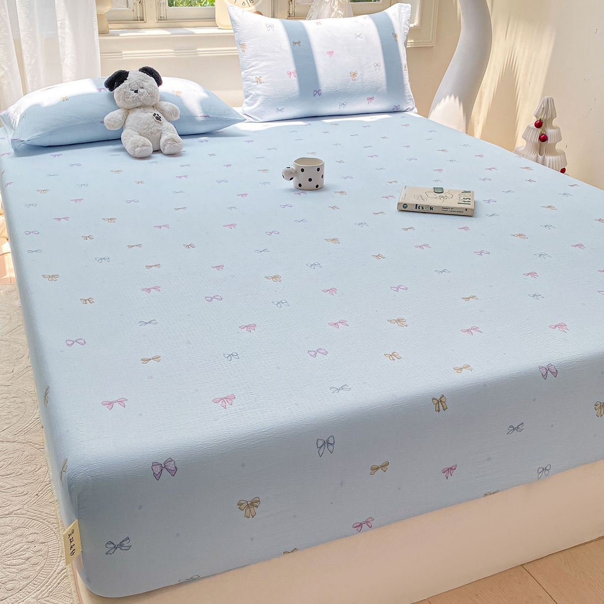 91家纺网 家纺一手货源 找家纺 眠势力 2025新款云感双层纱四件套床单款床笠款ins奶油风云感超柔 蓝调蝴蝶结