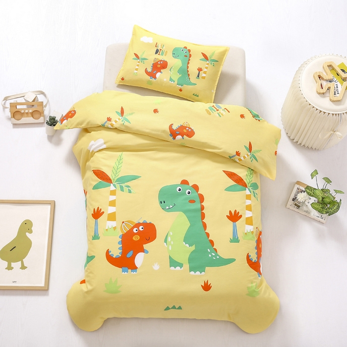 91家纺网 家纺一手货源 找家纺 2025年新款幼儿园全棉被子三件套宝宝入园纯棉六件套被褥午睡被套恐龙兄弟-黄